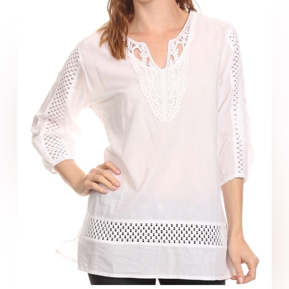 NWT Sakkas Velga Embroidered 3/4 Length Sleeves Crochet  V Neck Tunic Blouse